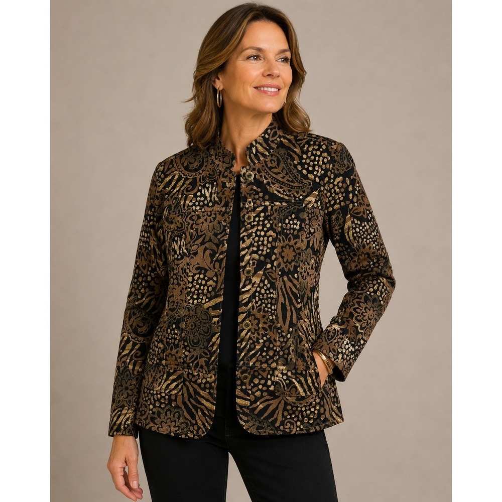 Chicos Jacket Women Size 1 Medium‎ Regular Fit Gold Black Tapestry Boho Casual